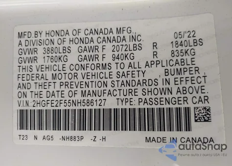 2022 Honda Civic Sport из США, поврежденный, VIN 2HGFE2F55NH586127